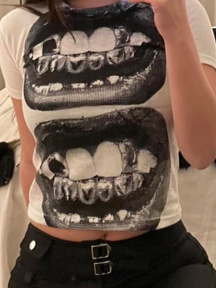 Punk Y2K bébé manches courtes haut gothique rue T-shirt femmes loisirs basique T-shirt femmes 2024 haut d'été E filles gothique EMO