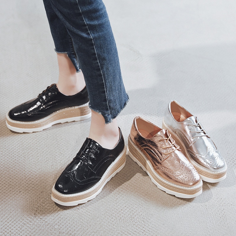 hollow out full brogues women gold/silver bright leather platform shoes square toe oxford flats women creepers espadrilles