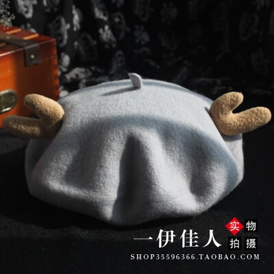 Japanse afdeling complex gubei lei hoed dames herfst en winter zuiver wol mooie gewei kersthoed schildershoed knop baret: Lichtgrijs