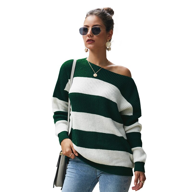 Aswinfon Gestreepte Trui Vrouwen Lange Mouw Dames Trui Truien O-hals Losse Gebreide Trui Vrouwelijke Herfst Winter Trui: Blackish Green / XL