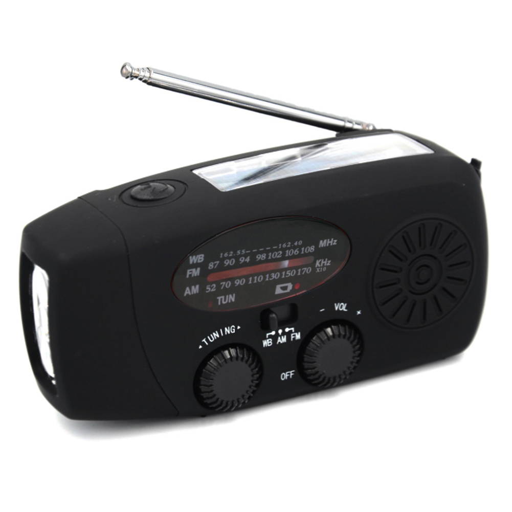 Radio meteorológica portátil, linterna LED, Radio manual, manivela Solar AM/FM/NOAA, Radio meteorológica, linterna de emergencia: Negro