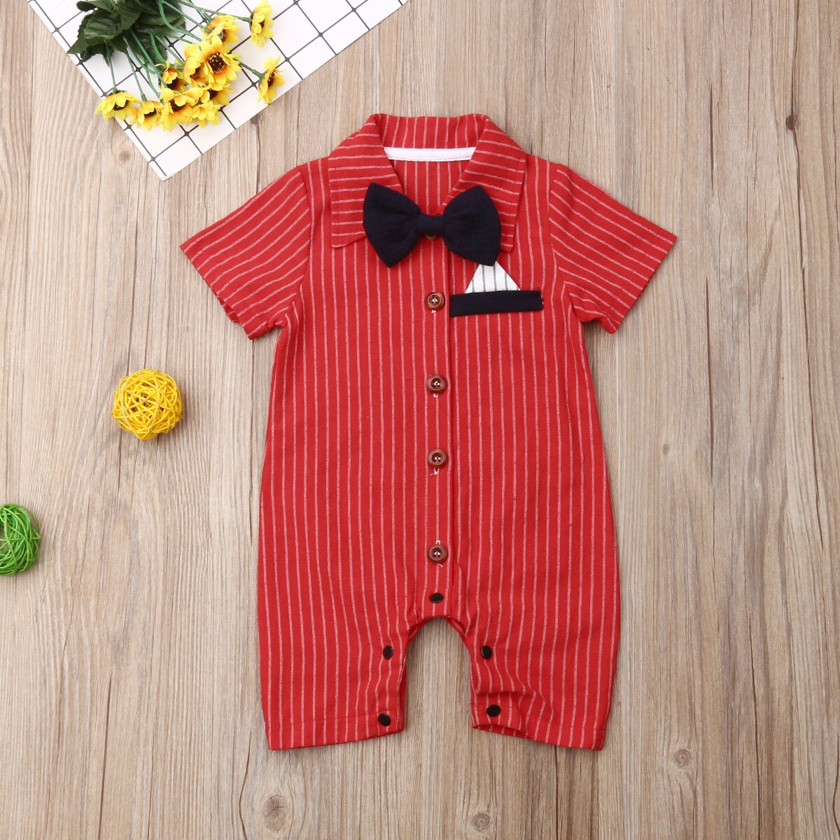 baby sommer klær spedbarn baby gutt formell fest bryllup sløyfe romper herre kortermet jumpsuit stripete klær: Rød / 18m
