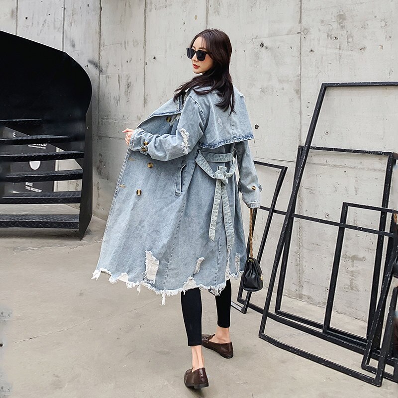 Vintage Denim Trench Coat Women Classic Double Breasted Hole Long Windbreaker Female Spring Street Loose Denim Coat: S