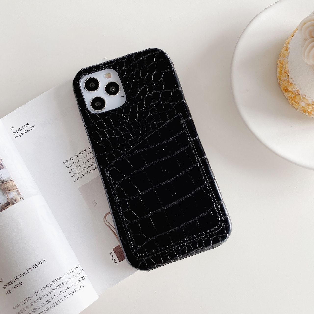 Custodia per telefono in pelle PU con motivo a coccodrillo Vintage retrò per iPhone 12 Mini Pro XS MAX XR X 7 8 Plus SE Cover per telefono: Black