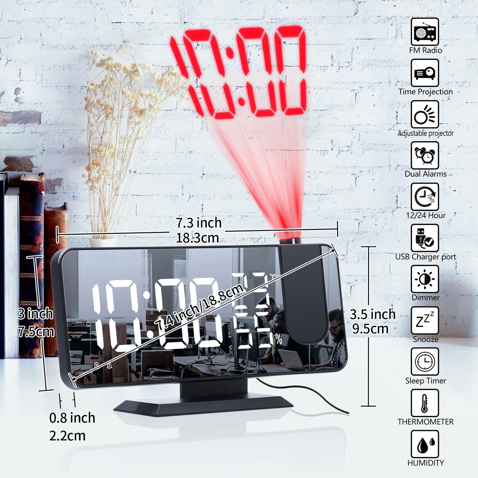 Réveil électronique à Projection USB, alarme intelligente, affichage de l'humidité, décoration de bureau, Radio FM, projecteur de temps, réveil numérique à LED: Black