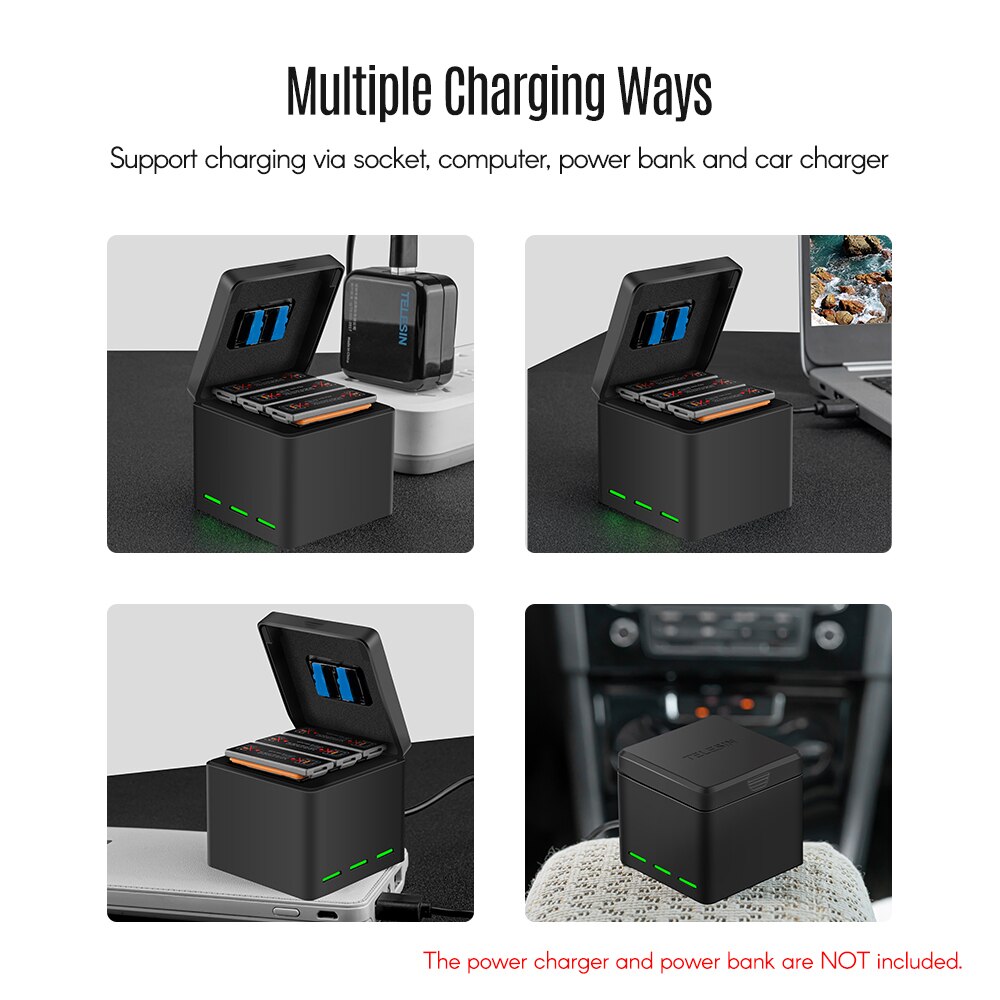 TELESIN 2-in-1 Battery Charging Case Hub Quick Charge 3 Port for Charging and Storage + 2*Batteries for DJI OSMO Action Camera