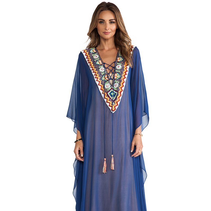 Plus size blauwe geborduurde zomer strandkleding chiffon kaftan strand vrouw tuniek badjurk badjas strand badkleding cover-up  #q975