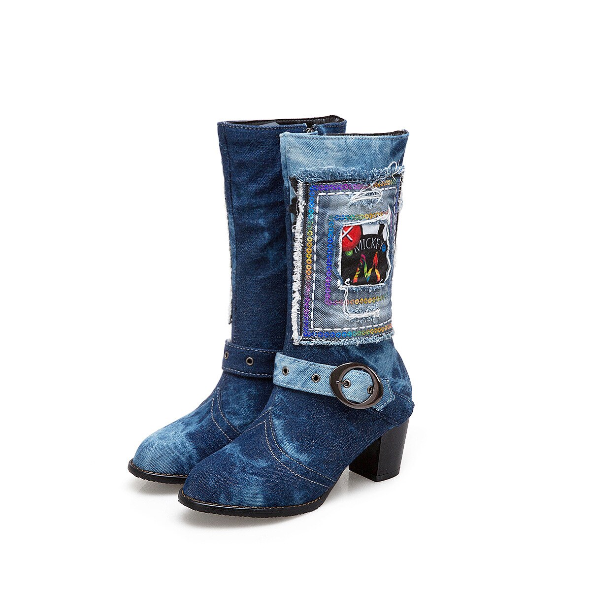 Denim dam promenadskor vinterkänga tjock klack mid kalv stövlar orm bälte spänne kvinnlig riddare boots kort plysch varm storlek 43