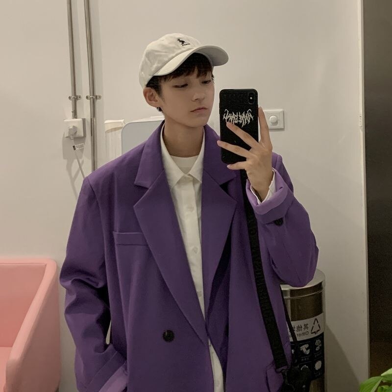 Blazer abricot/violet/noir pour homme, veste de costume, décontracté, ample, à Double boutonnage, pour société de coréenne