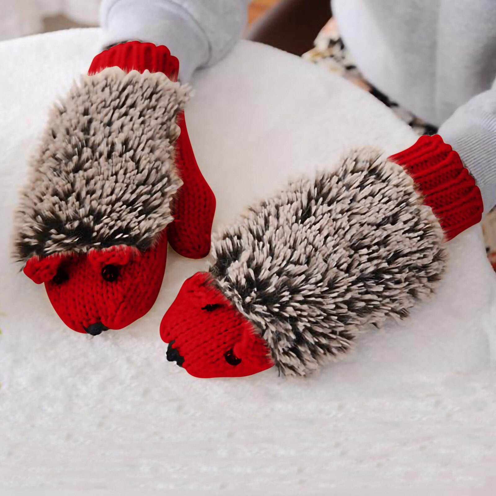 Winter Gloves Women Cartoon Hedgehog Wool Double Layer Thermal Mittens Full Finger Weave Gloves Перчатки Женские