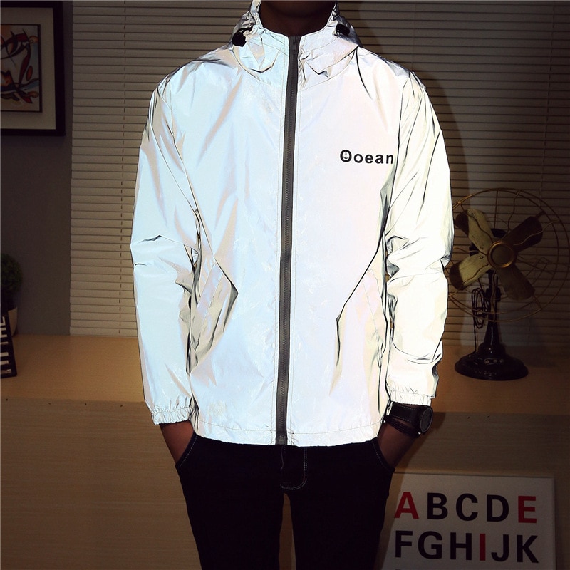 Chaqueta reflectante hombre payaso Casual Hiphop triángulo invertido hasta cazadora pareja abrigo de noche con capucha fluorescente ropa