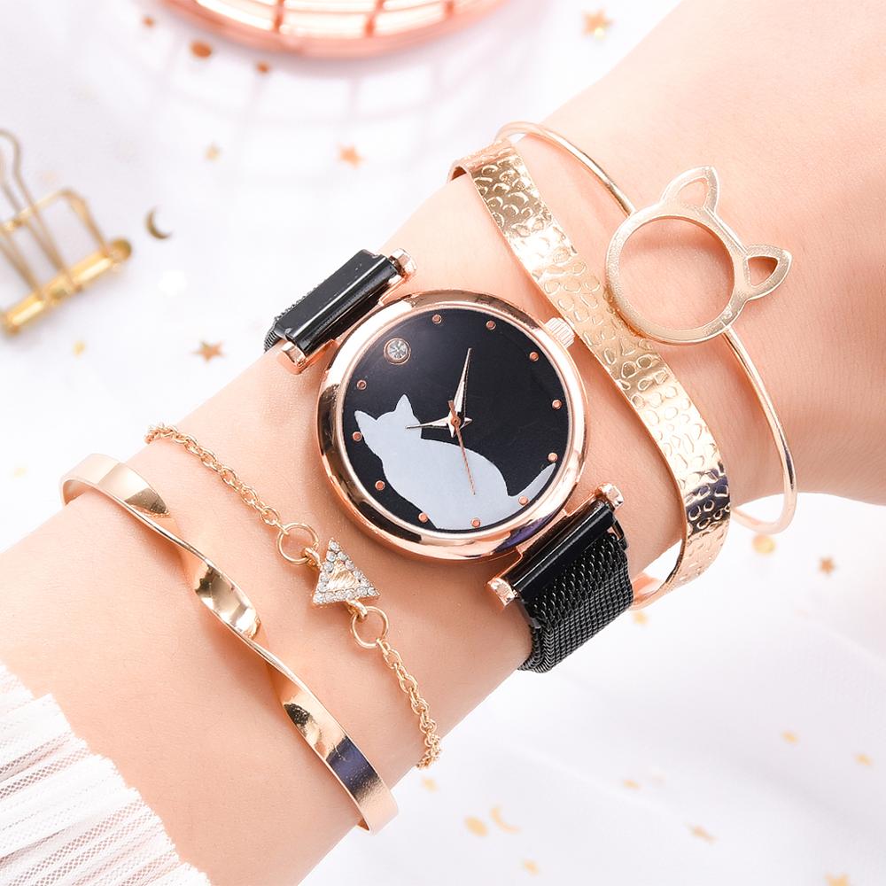 5 st/set dam klockor roséguld armband set kattmönster svart magnet klocka dam armband armbandsur lyx kvarts klocka
