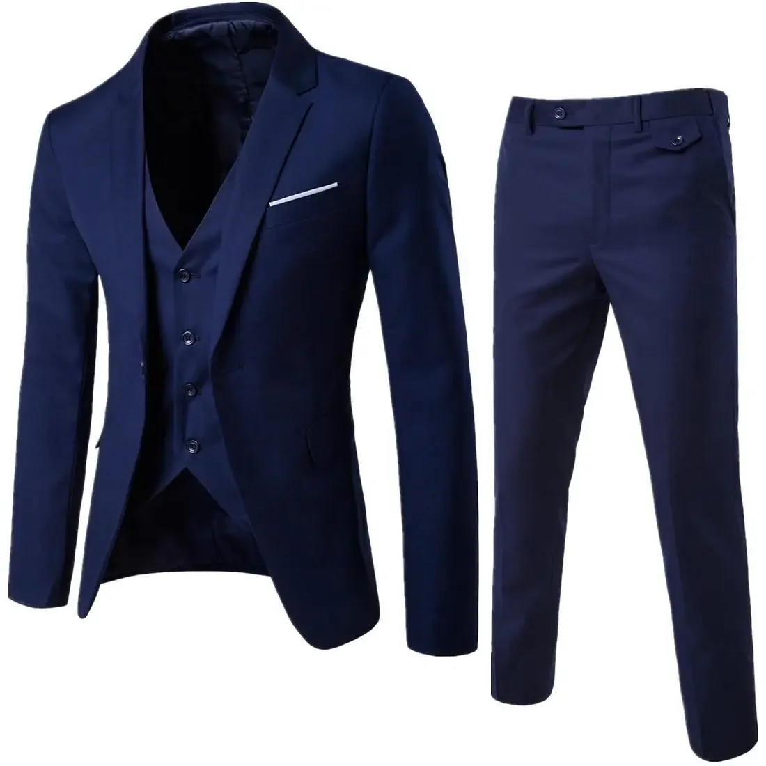 Trajes informales de negocios para hombre de cuatro estaciones, tres piezas, chaleco de un solo pecho con cuello en V, chaqueta de traje de un solo botón + pantalones de trajes: 4XL / Azul marino