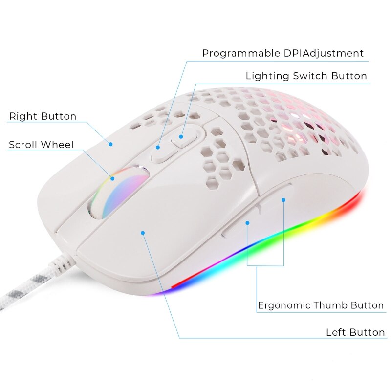 USB Wired Lightweight Gaming Mouse RGB Backlit Mouse with 7 Buttons 7200DPI Honeycomb Shell Mouse for PC Laptop Computer