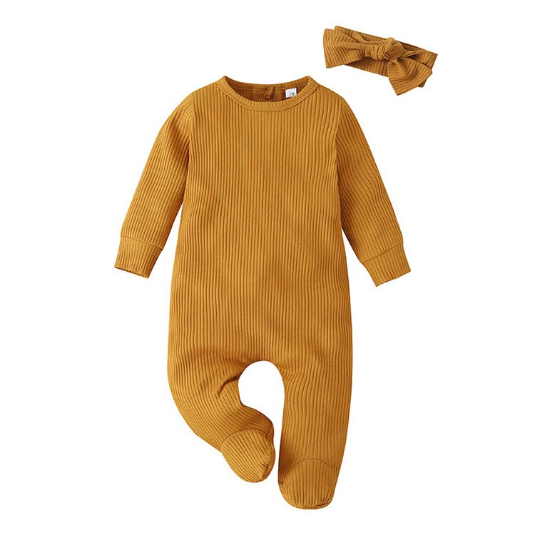 Macacão infantil de algodão, macacão de algodão da moda para bebês recém-nascidos de manga longa, com lenço e roupas infantis para primavera e outono, 0-9 meses: Yellow / 9 m