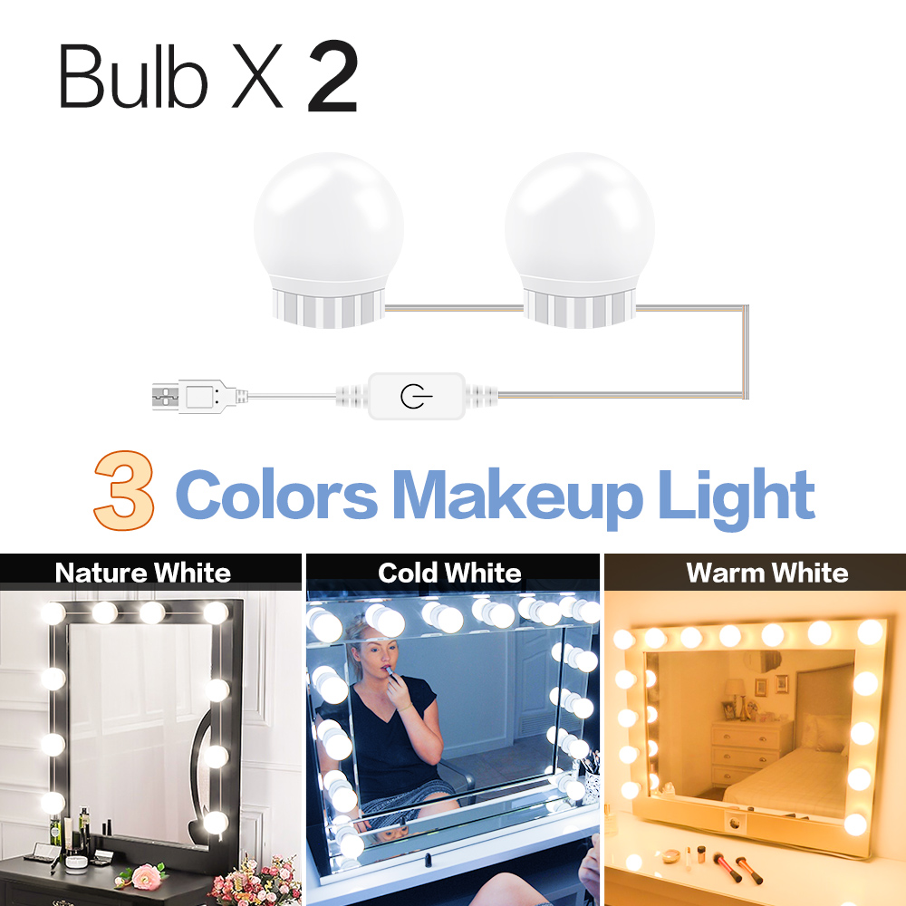 3 Modes Kleuren Make-Up Spiegel Licht Led Touch Dimmen Ijdelheid Kaptafel Lamp Usb Hollywood Make Up Spiegel wandlamp: 3 Colors 2 Bulbs
