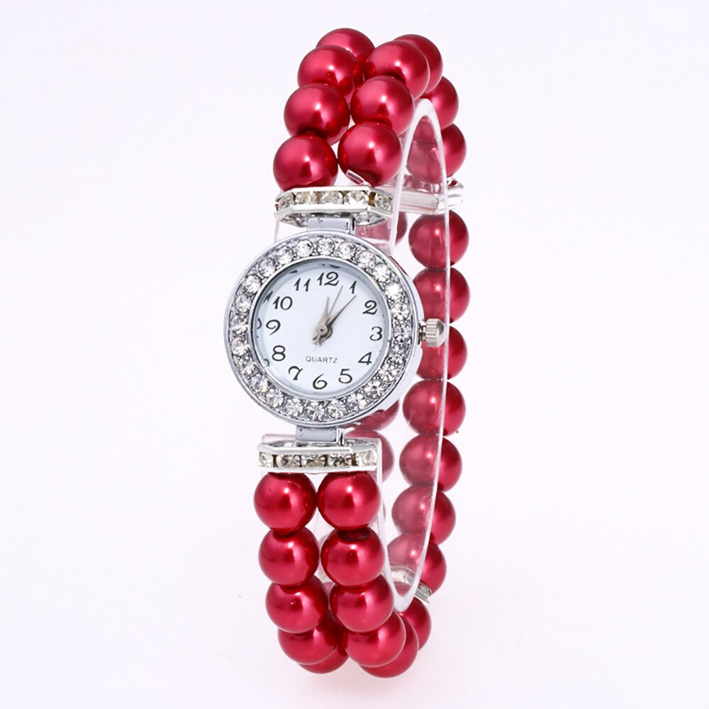 Dameshorloge met imitatieparelband, strass, kleine wijzerplaat, armbandhorloge, quartz polshorloge, relogio feminino klok: Rood