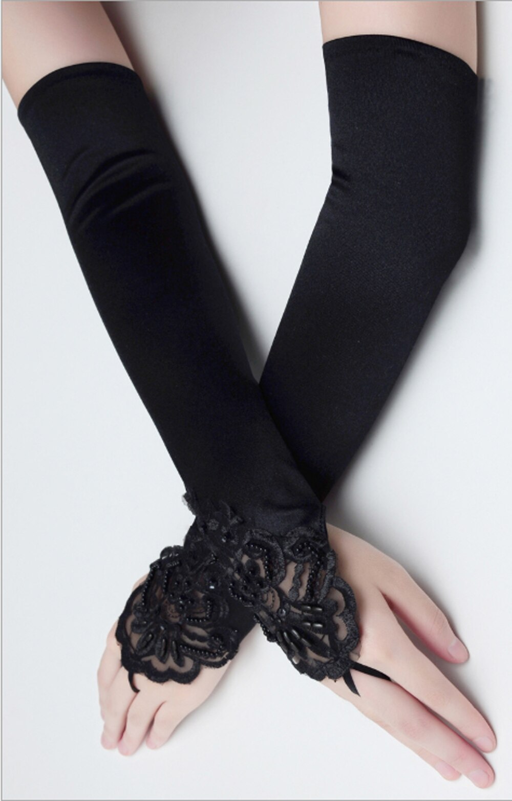 1 Pair Women Bride Long Lace Arm Elbow Gloves Lace Fingerless Gloves Black White: Black