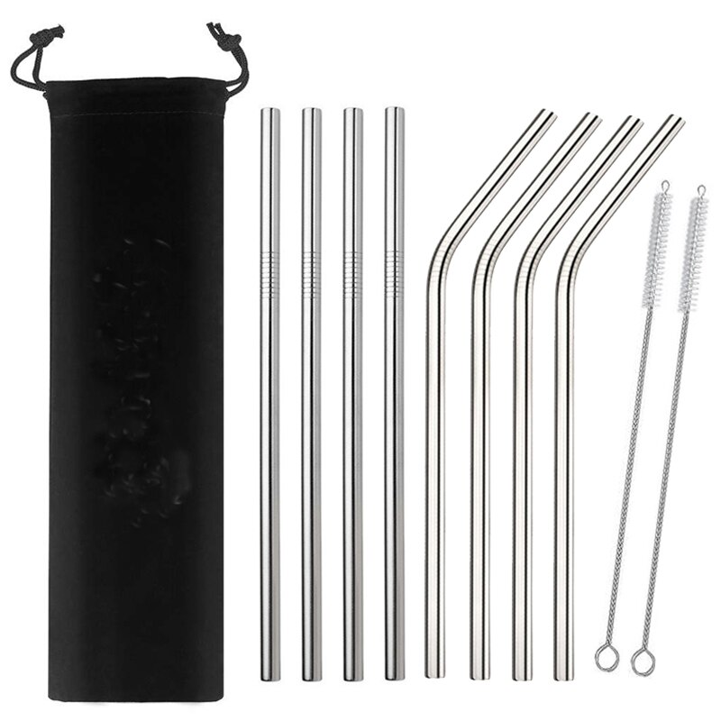 4/8Pcs Edelstahl Strohhalme Metall Wiederverwendbare Trinken Stroh Gold Gerade Gebogen Stroh Mit Reinigung Pinsel und Tasche: Silver(8Pcs)