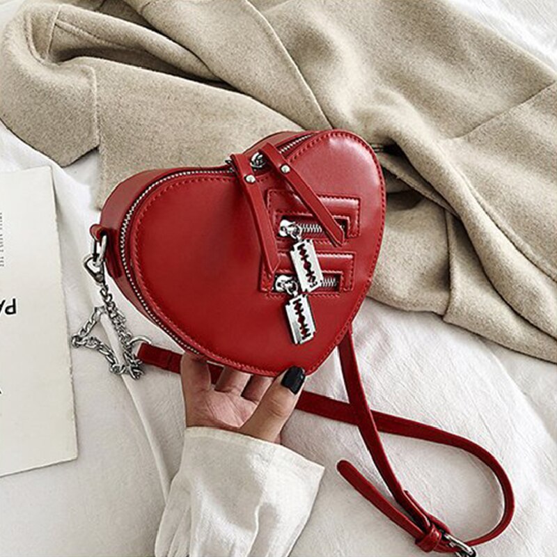 Women Red Heart Shape Shoulder Bag Korean Style Ladies Chain Crossbody Bag Purse And Clutch Bag Pu Leather Bag