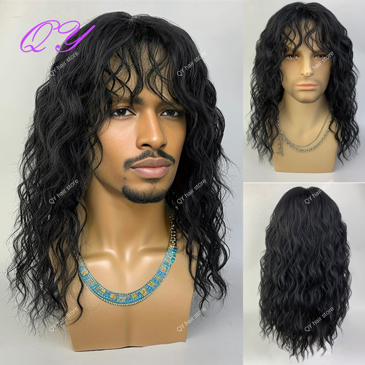 Peluca sintética para hombre, peluca larga marrón Natural rizada Rock Man con flequillo para o Cosplay, peluca de pelo masculino con ondas de agua ajustables: Blonde