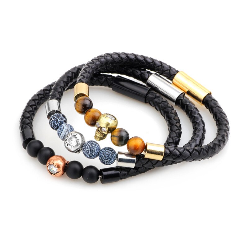 Braided Genuine Leather Bracelets & Bangles Natural Volcanic Lava Stone 7 Chakra Bracelet Beads Bracelet Jewelry for Men Women