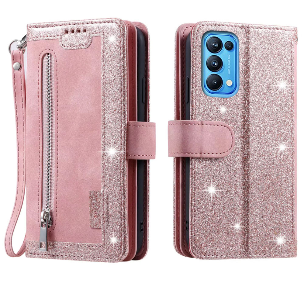 9 Cards Wallet Case for Oppo Find X3 Lite Case Card Slot Zipper Flip Folio with Wrist Strap Carnival for OPPO Reno 5 5G Cover: For Reno Find X3Lite / pink