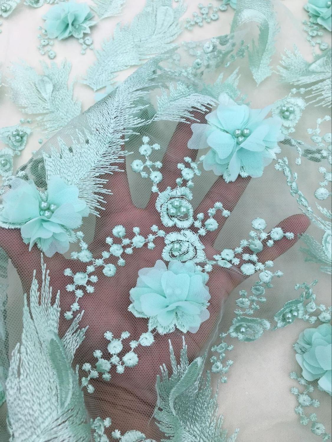 Tecido de renda 3d flor com pérola, artesanal, tecido de renda para vestido de noiva e noite, recém-nascidos, frisados, tecido de renda