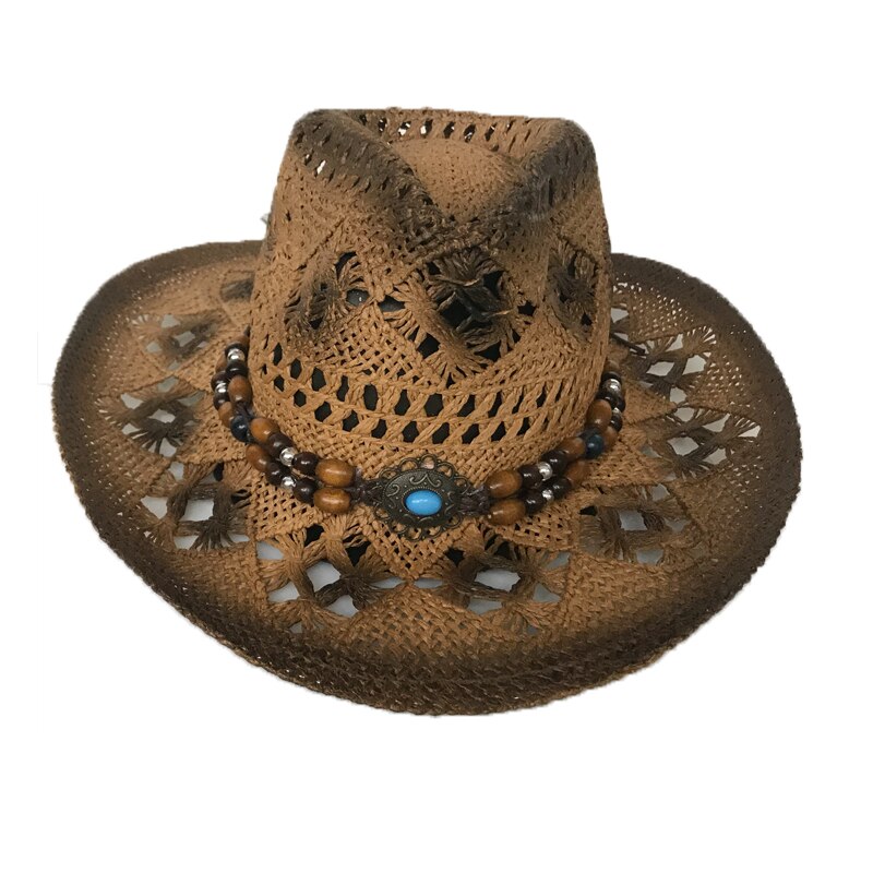 YY 3 kolory polecane kowboj czapka letnia dziurawy słomy Sunhats mężczyźni jazz czapka z ręcznie robione koraliki kobiety odpowietrzający plaży kapelusz CM19019