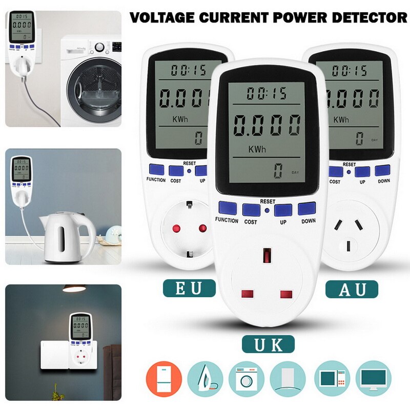 EU/UK/AU enchufe vatímetro Digital medidor de energía consumo Watt energía KWh Socket 220V AC Monitor Analizador de tarifas de electricidad