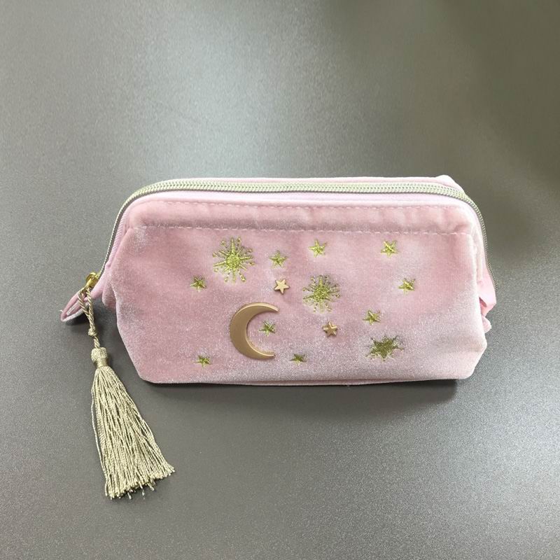 Cute Velvet Embroidery Cosmetic Bag Travel Organizer Women Makeup Bag Zipper Make Up Pouch with Moon Star Tassel Deco: Pink