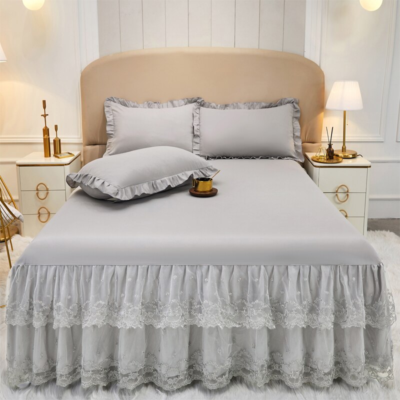 Stickerei Spitze Prinzessin Bett Felsen Doppel Schicht Rüschen Bettlaken Königin Größe Bett Dekoration Röcke Kissen Hochzeit #/: -LD-04-3 / 1pc Rock 180x200cm