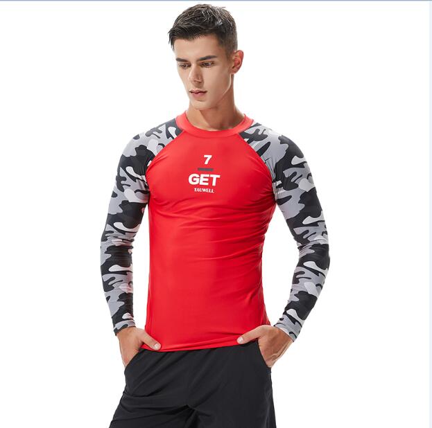 Herr långärmad rash guard sportkläder skarva uv solskydd bas skinn kamouflage surfing dykning simning t-shirt: Röd / S