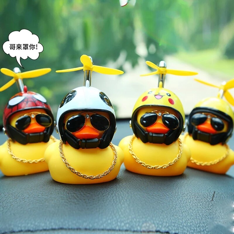 Rubber Duck Toy Car Ornaments Yellow Duck with Propeller Helmet Car Dashboard Decor Squeaking Glowing Duck Toys for Adults Kids