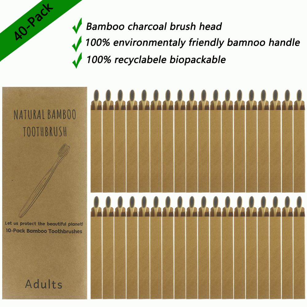 40 Pack Zahnbürste Umweltfreundliche Regenbogen Bambus Weiche Fibre Zahnbürste Biologisch Abbaubar Zähne Pinsel Solide Bambus Griff Zahnbürste: 40Pcs Black
