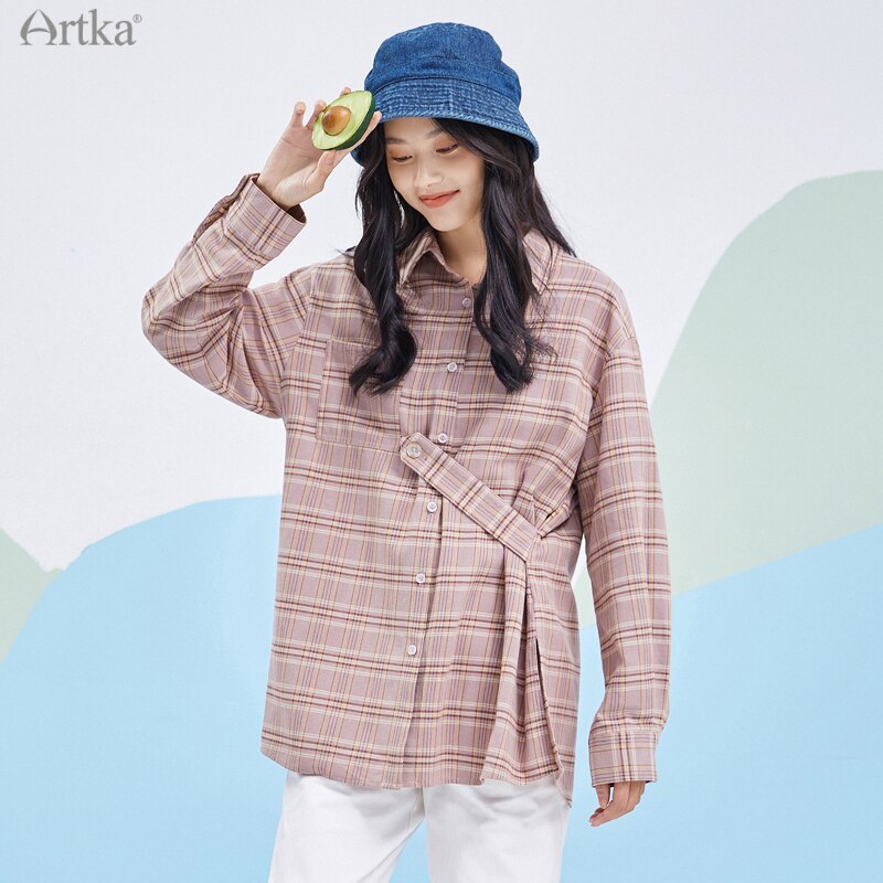 Artka Lente Vrouwen Blouse Casual Plaid Roze Shirts Losse Turn-Down Kraag Lange Mouw Bovenkleding SA25019C