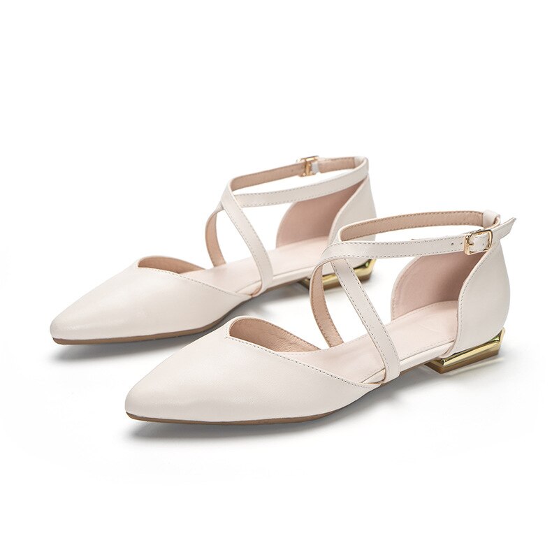 cross narrow band flat shoes woman pointed toe D'orsay ballet flats 34-43 big size OL working shoes woman metal heel mules: Beige / 6.5