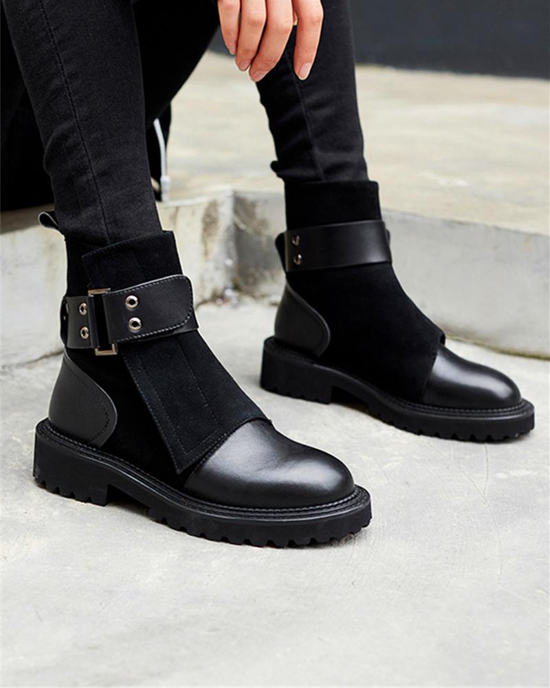 Botas de motorista de piel sintética con cinturón, de tacón bajo, estilo casual callejero negro