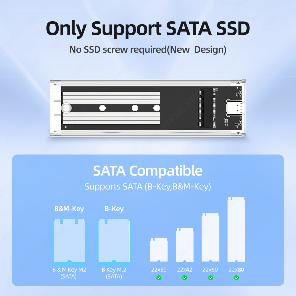 JEYI M.2 SATA SSD Enclosure 6Gbps Transparent USB 3.1 supports M.2 NGFF - Tool-Free External Enclosure for 2230-2280 SATA SSD
