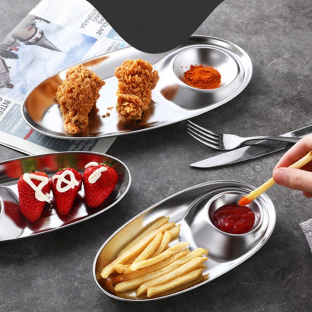 Stainless Steel Snack Dish Plate Ketchup Sauce Dipping French Fries Dish Divided Grid Plate Fried Chicken Dish Platos