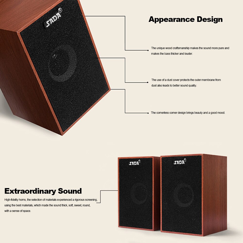 SADA V-160 USB Wired Wooden Combination Computer Speakers Bass Stereo Music Player Subwoofer for Laptop Tablet PC Smart Phone