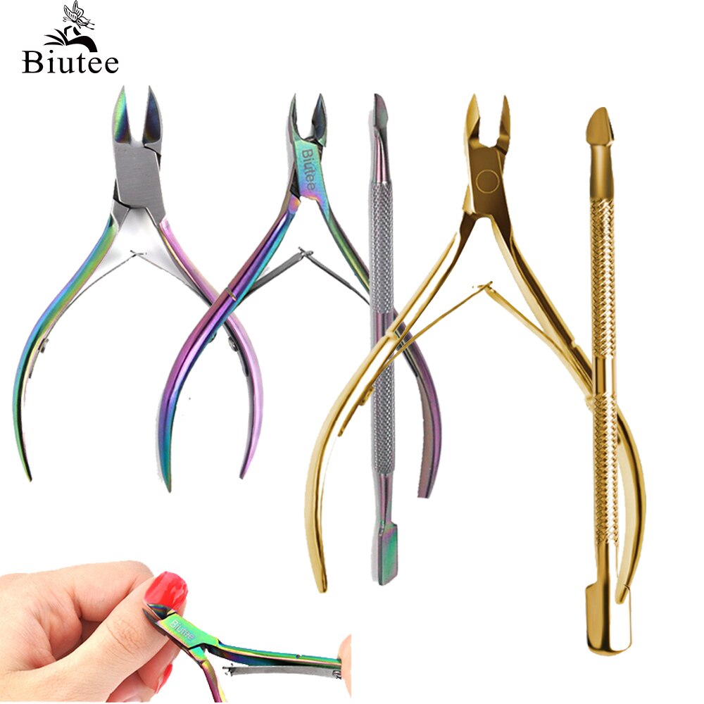 Biutee oro Tijeras para uñas de acero inoxidable de la cutícula pinzas tijeras de manicura pedicura uñas kits de herramientas de doble tenedor muerto herramientas de uñas