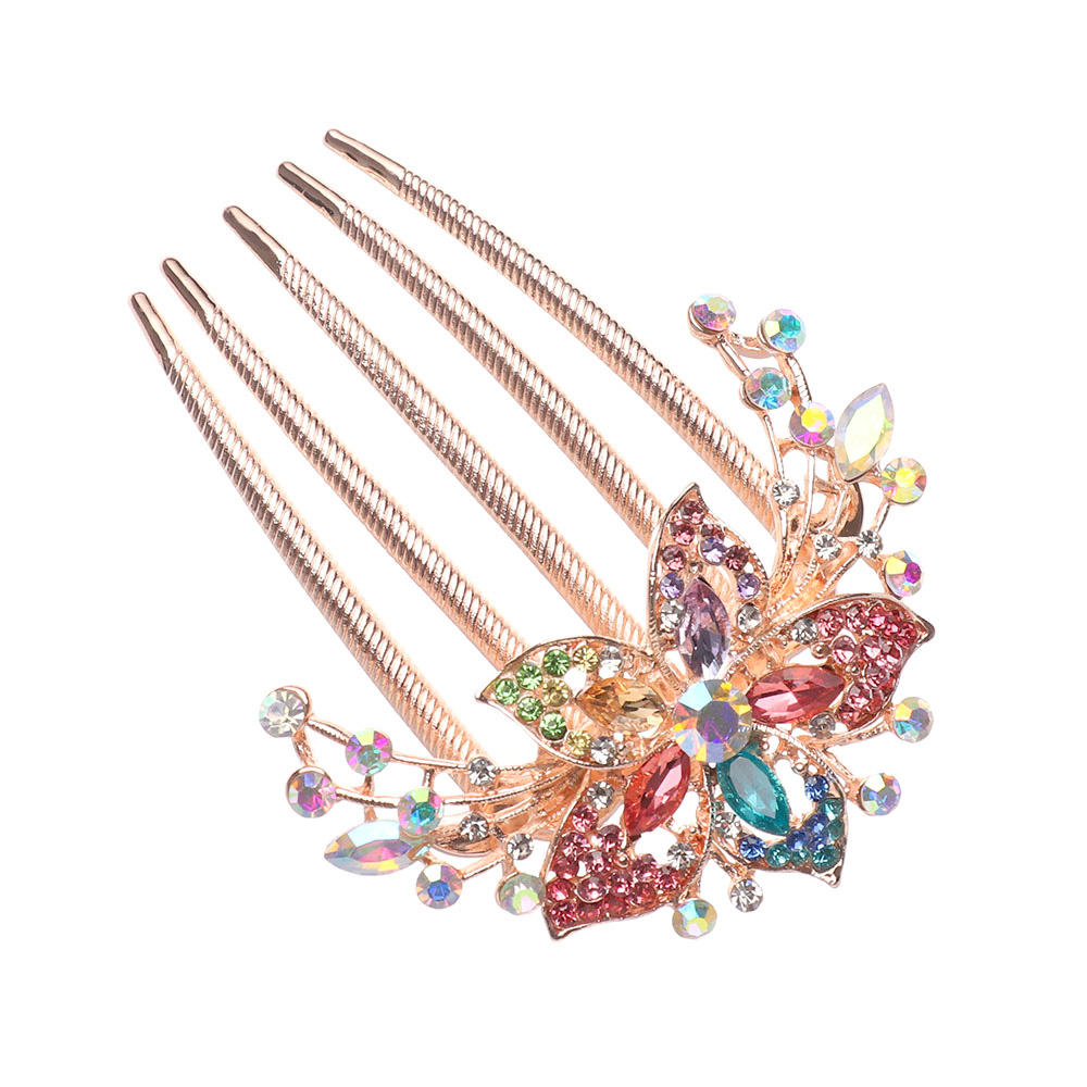 Peine de pelo con diamantes de imitación brillantes para mujer, horquilla de flores incrustadas, accesorios para la cabeza, joyería para el cabello de novia,: Rodio plateado