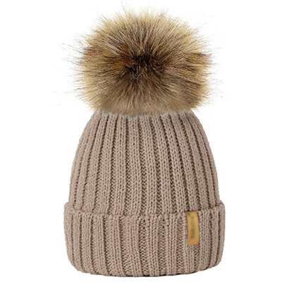 Ouder/kind dames mutsen warme winter pompom bont gebreide mutsen dames baby meisjes jongen bont pompom muts ski sneeuwmuts: Khaki / Volwassen hoed