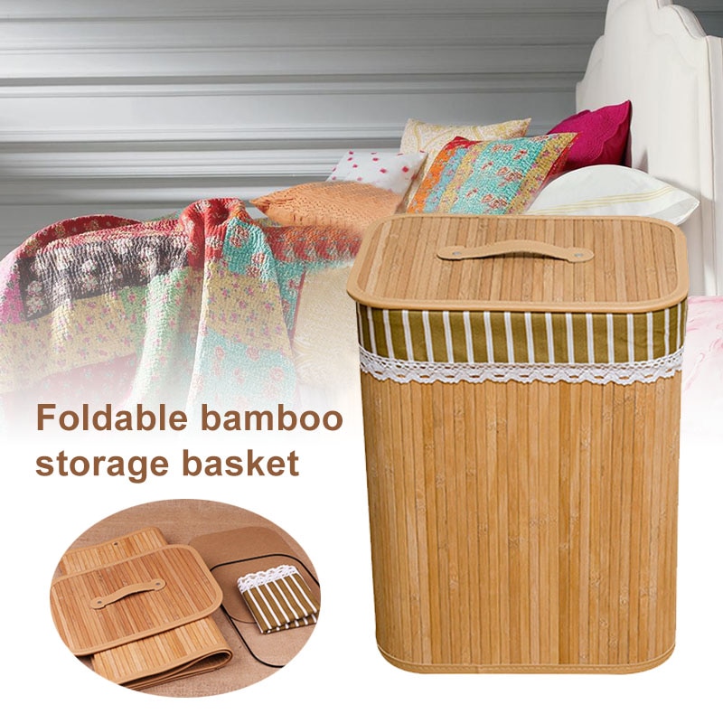 Folding Bamboo Storage Basket Large Storage Laundry Bin Box with Lid and Removable Lace 35X25X45cm E2S