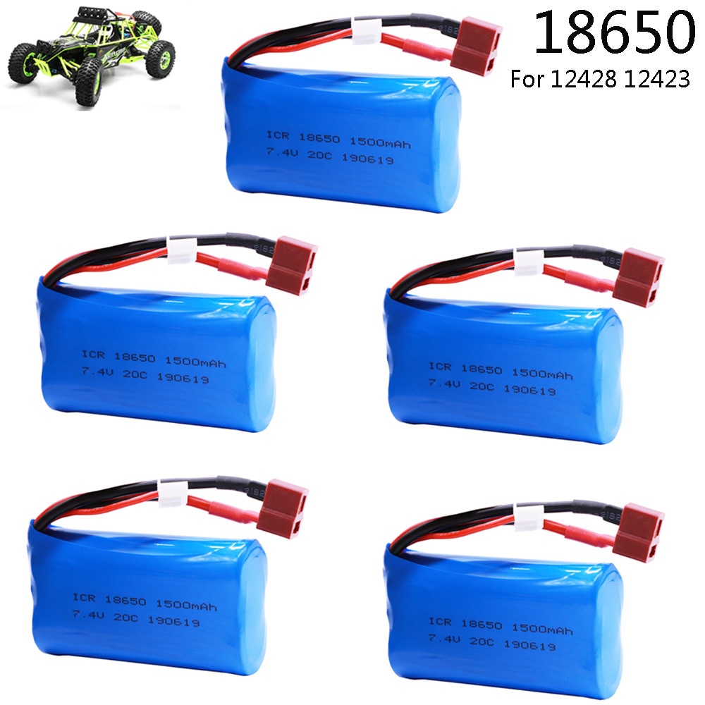 5Pcs Lipo Batterij Voor Wltoys 12428 12401 12402 12403 12404 12423 FY-03 FY01 FY02 Rc Speelgoed Batterij Onderdelen 7.4V 1500Mah 18650 T Plug