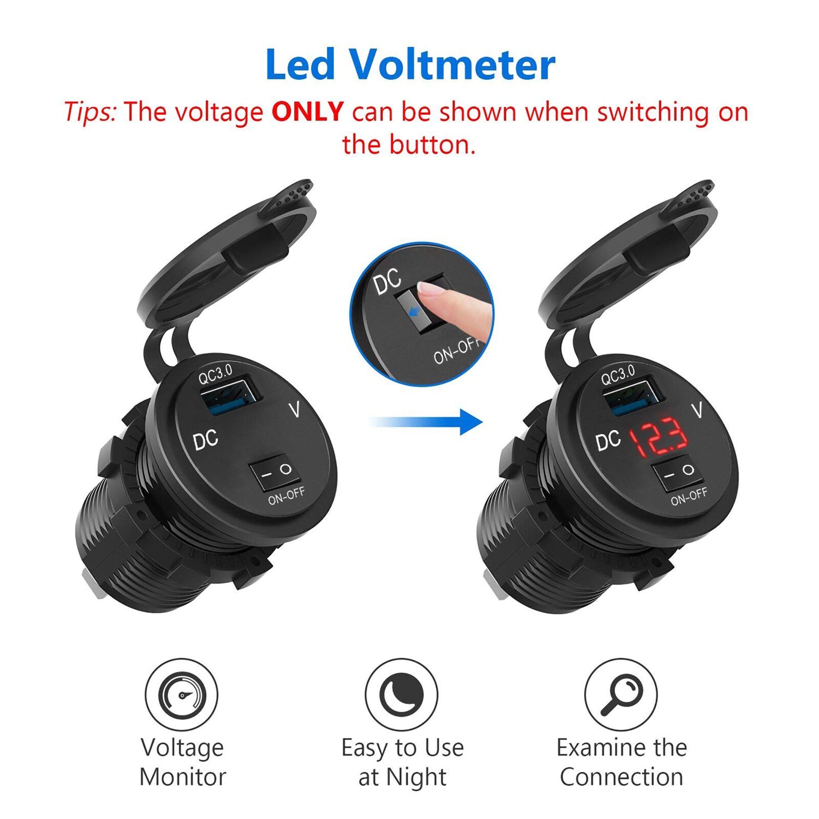 schnell aufladen 3,0 USB Auto Ladegerät Steckdose Digital Anzeige Voltmeter AUF-aus Schalter für Auto Marine ATV Motorrad