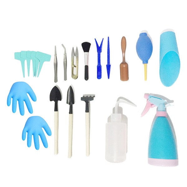 Minijuego de herramientas de jardín en miniatura, 21 Uds., juego de herramientas de jardinería para plantar suculentas, Kit de herramientas de trasplante, Kits de riego y riego: Azul