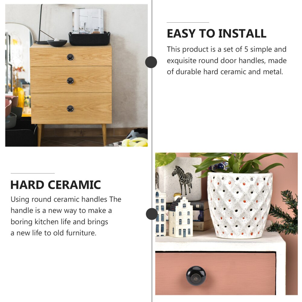 5pcs Round Ceramic Kitchen Cupboard Cabinet Drawer Door Knobs Handles (White)