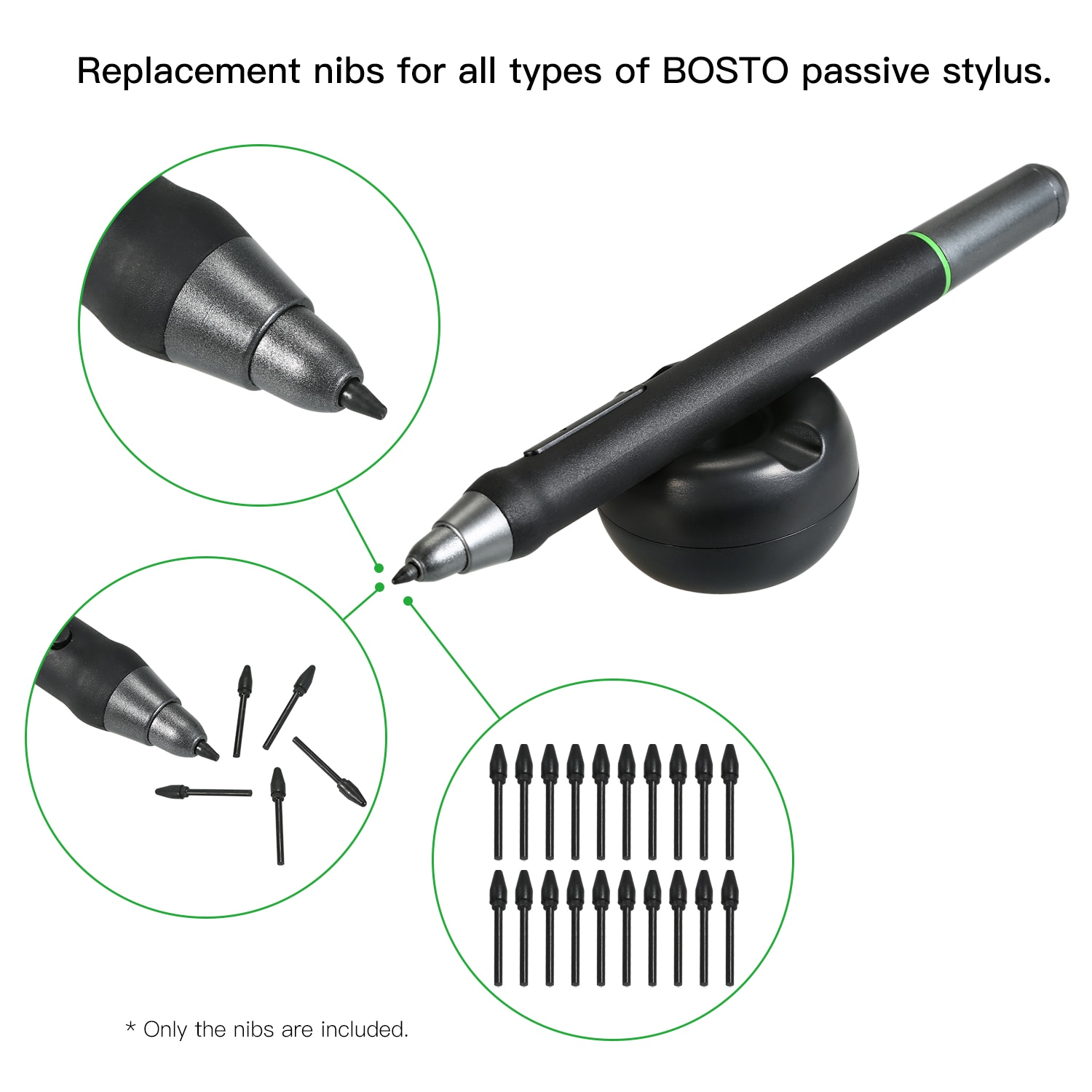 BOSTO 20pcs Replacement Nibs Pen Tips for Bosto 16HD Compatible with All BOSTO Graphic Monitor Drawing Tablet Stylus Black